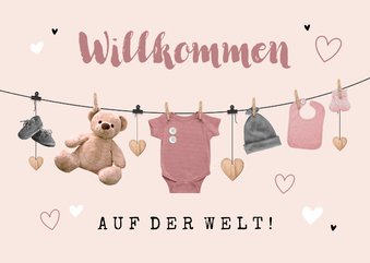 Karte Glückwunsch Baby Wäscheleine rosa