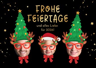 Lustige Weihnachtskarte 3 Porträts mit Hüten und Brillen