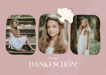 Rosa DankeskarteKommunion weiße Taube mit Fotos