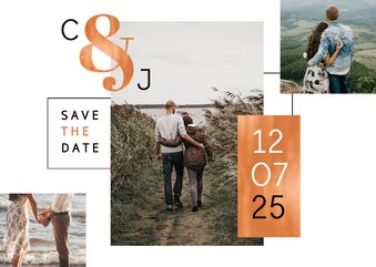 Save-the-Date-Karte Hochzeit Kupfer grafisch Fotocollage