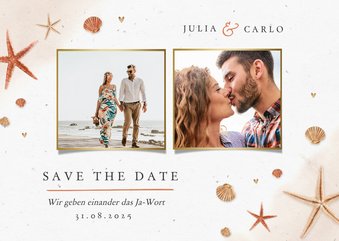 Save-the-Date-Karte Seesterne, Muscheln und eigene Fotos