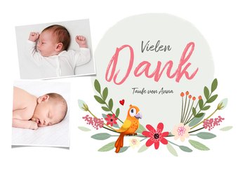 Taufkarte Danksagung Fotos, Blumen und Vogel