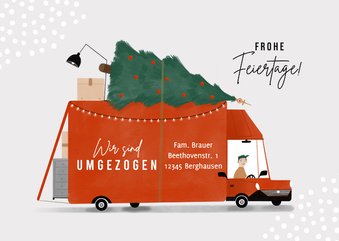 Umzugskarte zu Weihnachten mit Lastwagen & Weihnachtsbaum