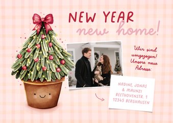 Umzugskarte zu Weihnachten mit Tannenbaum im Topf