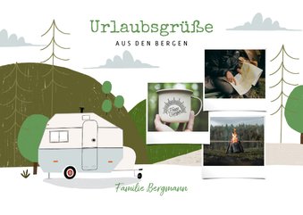 Urlaubskarte Berge und Wohnwagen mit Fotos