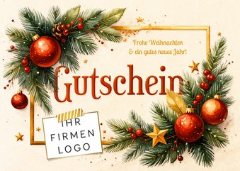 Weihnachtsgutschein mit Logo Tannenzweige und Ornamente