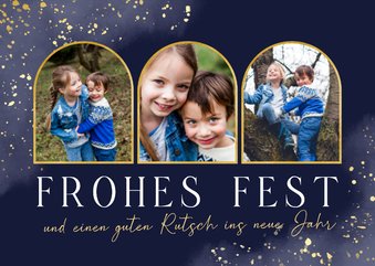 Weihnachtskarte Fotocollage Dunkelblau Goldsprenkel