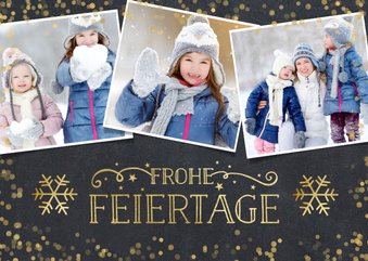 Weihnachtskarte mit Fotocollage und goldenen Schneeflocken