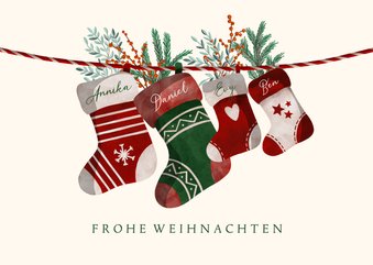 Weihnachtskarte vier Weihnachtssocken mit Namen