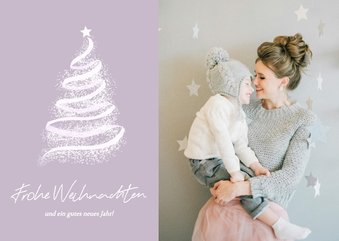 Weihnachtskarte Violett mit Foto und Tannenbaum 