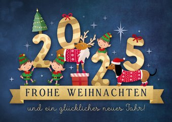 Weihnachtskarte Weihnachtselfen, Rentier & Dackel