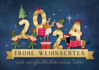 Weihnachtskarte Weihnachtselfen, Rentier & Dackel