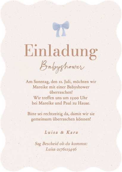 Babyshower Einladung Wellenrand blaue Luftballons Teddybär Rückseite