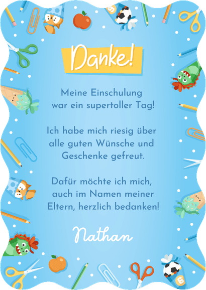 Blaue Foto-Danksagung 1. Schultag Wellenform bunte Symbole Rückseite