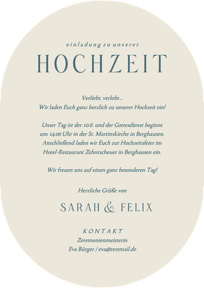 Bogenkarte Hochzeitseinladung Blumenkranz blau klasisch Rückseite