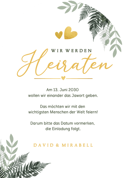 Bogenkarte Save the Date Botanisch Goldkleckse dunkelgrün Rückseite