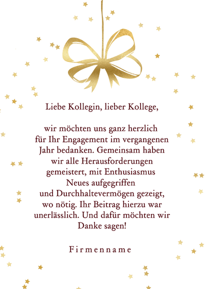 Danke Foto-Weihnachtskarte Bogenform mit Logo Schleife Rückseite