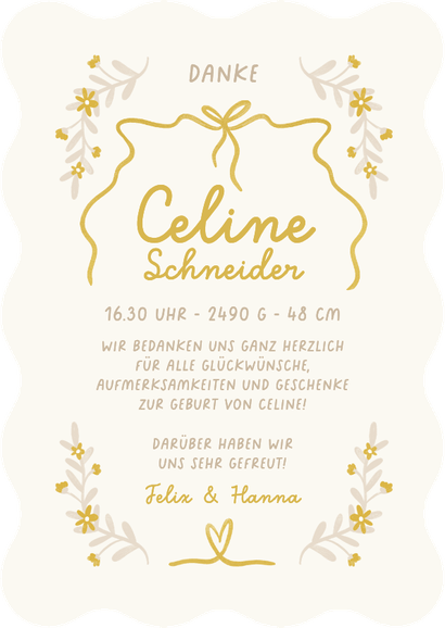 Dankeskarte Geburt Foto Wellenkarte Blümchen Rückseite
