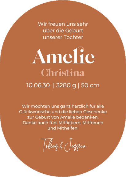 Dankeskarte Geburt oval Foto Rückseite