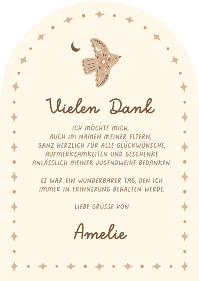 Dankeskarte Jugendweihe Bogenform Foto mit Ornamenten Rückseite