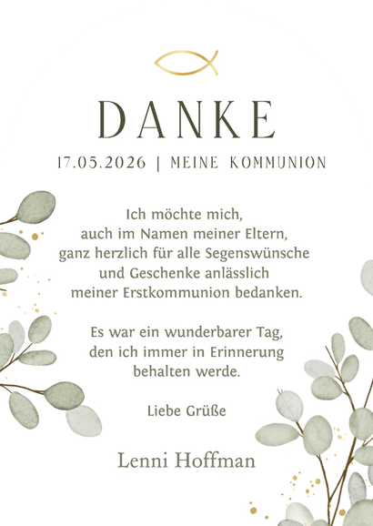 Danksagung Foto-Bogenkarte Kommunion Eukalyptus Ichthys  Rückseite