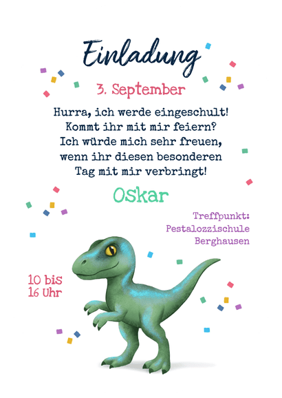 Einladung 1. Schultag Dino Raptor in Schultüte Rückseite
