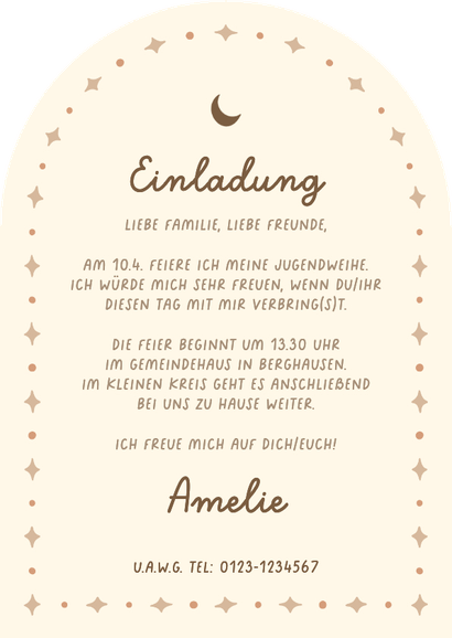 Einladung Jugendweihe Bogenform Vogel mit Ornamenten Rückseite