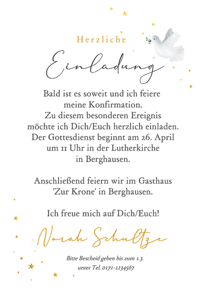 Einladung Konfirmation Bogenform Taube mit Zweig Rückseite