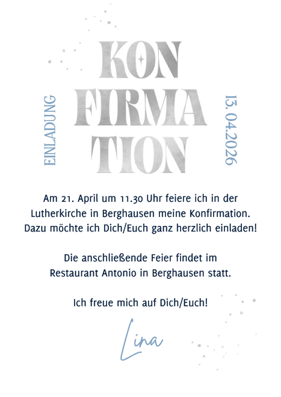 Einladung Konfirmationsfeier Foto dunkelblaue Pinselstriche Rückseite