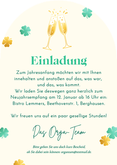 Einladung Neujahrsempfang Sektgläser und Glücksklee Rückseite