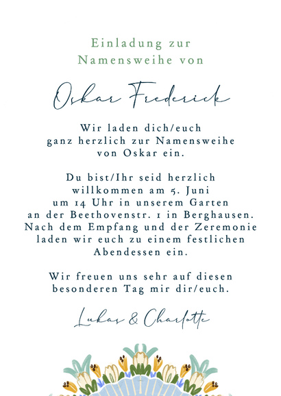 Einladung zur Namensweihe Foto mit blauem Blumenkranz Bogen  Rückseite