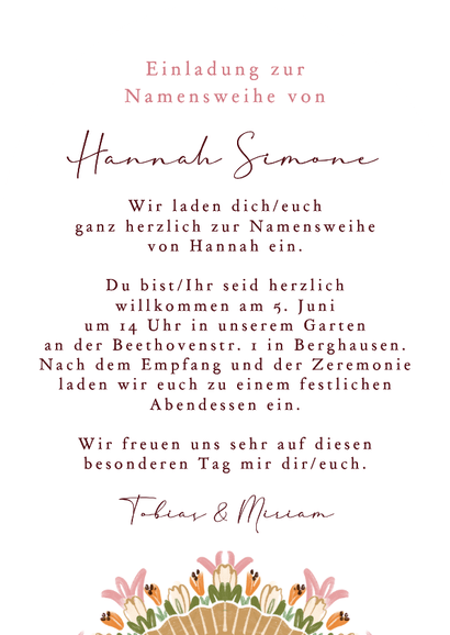 Einladung zur Namensweihe Foto mit rosa Blumenkranz Bogen Rückseite