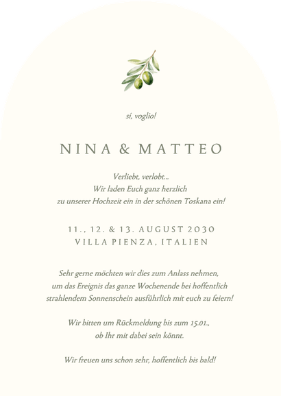 Einladungskarte Bogen Hochzeit Olivenzweig schlicht Rückseite