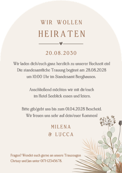 Einladungskarte Bogen Trockenblumen Boho-Hochzeit Rückseite