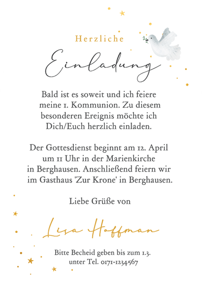 Einladungskarte Bogenform Kommunion weiße Taube Sternchen Rückseite