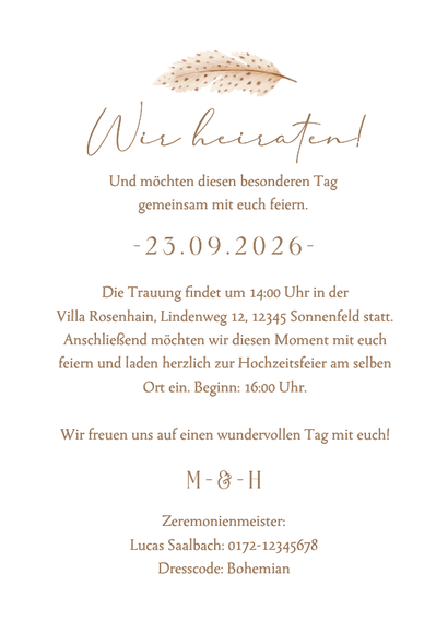 Einladungskarte Bogenform Trockenzweige Bohemien Hochzeit Rückseite