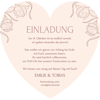 Einladungskarte Herzform Tulpen Linienzeichnung Hochzeit Rückseite