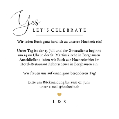 Einladungskarte Kalligrafie 'Yes' schwarz weiß Herzform Rückseite