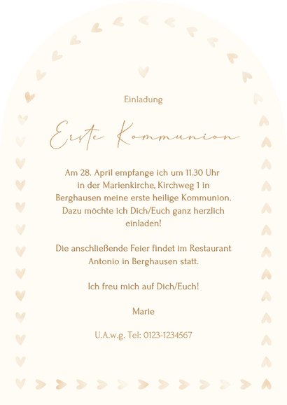 Einladungskarte Kommunion Herzchen-Rand Taube Bogenkarte Rückseite