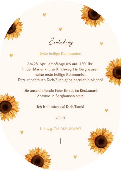 Einladungskarte Sonnenblumen Kommunion Oval Rückseite