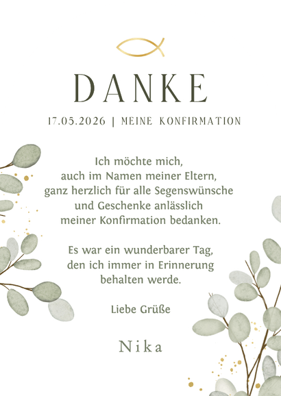 Foto-Dankeskarte Bogen Konfirmation Eukalyptusblätter Rückseite