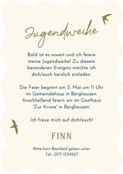 Foto-Einladung Jugendweihe Vögel blau gestreift  Rückseite