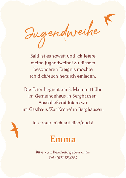 Foto-Einladung Jugendweihe Vögel rosa gestreift Rückseite