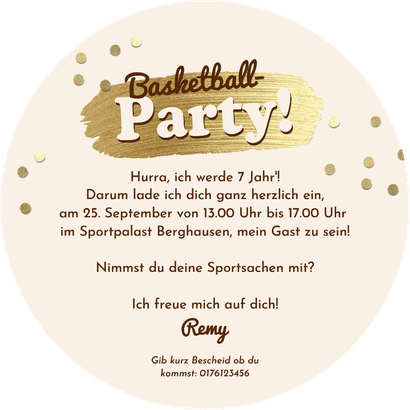 Foto-Einladungskarte Basketball rund Kindergeburtstag Sport Rückseite