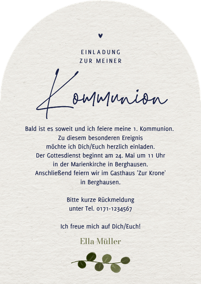 Foto-Einladungskarte Kommunion Papierstruktur Bogen Rückseite