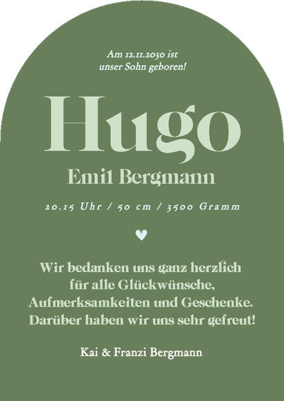 Foto-Geburtskarte Bogen grafisch grün kleines Herz Rückseite