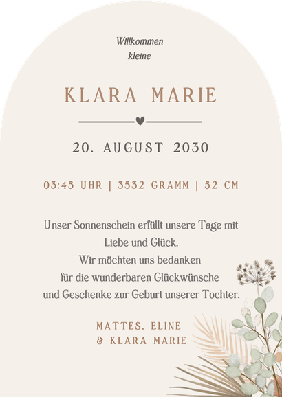 Foto-Geburtskarte Bogenform Blumengesteck Bogen Rückseite