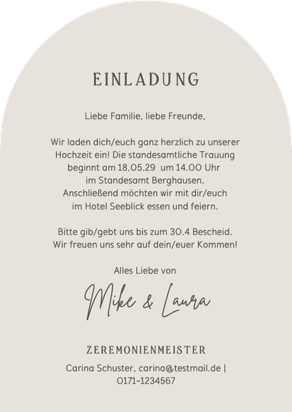 Foto-Hochzeitskarte schlichte Goldschrift Bogen Einladung Rückseite