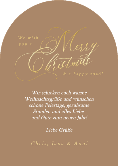 Foto-Weihnachtskarte Schriftzug Bogenkarte auf Braun Rückseite