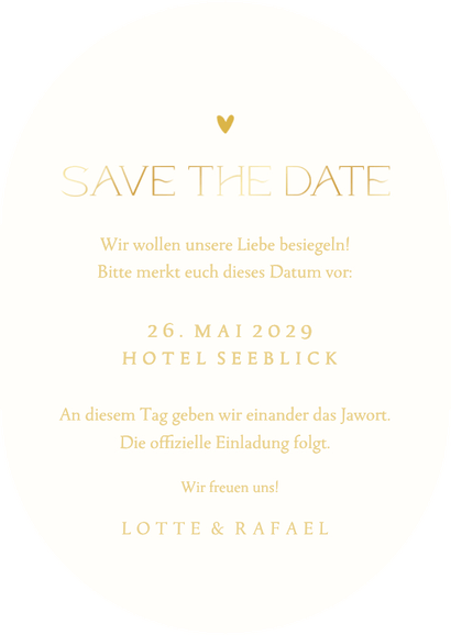 Fotokarte Oval Save-the-Date Hochzeit Goldschrift Rückseite